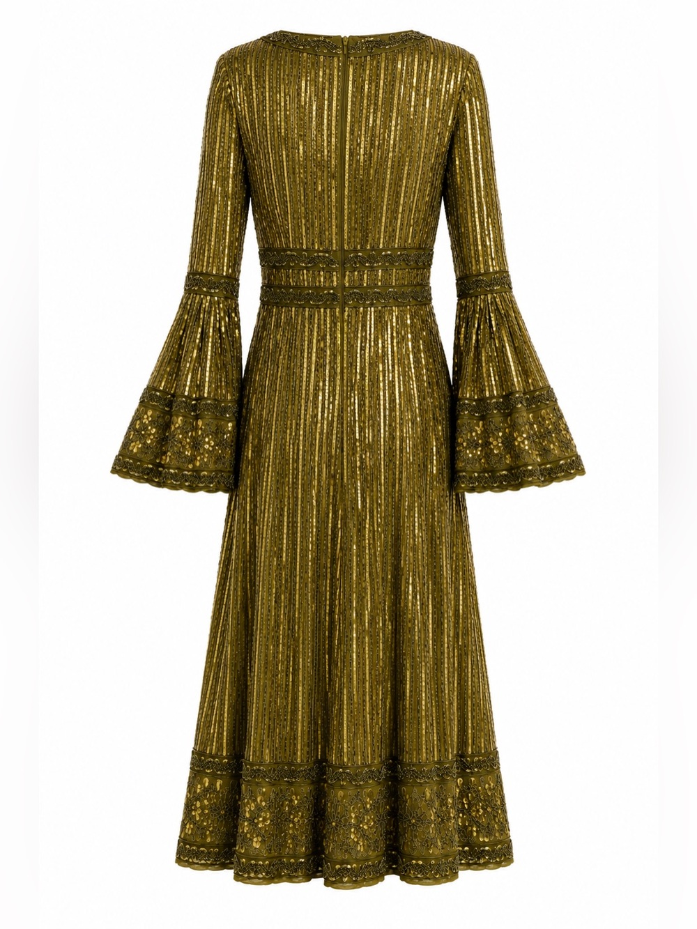 Mac Duggal Light Olive Sequin Beaded Bell Sleeve Midi Dress Size 14 NWT - Picture 6 of 10